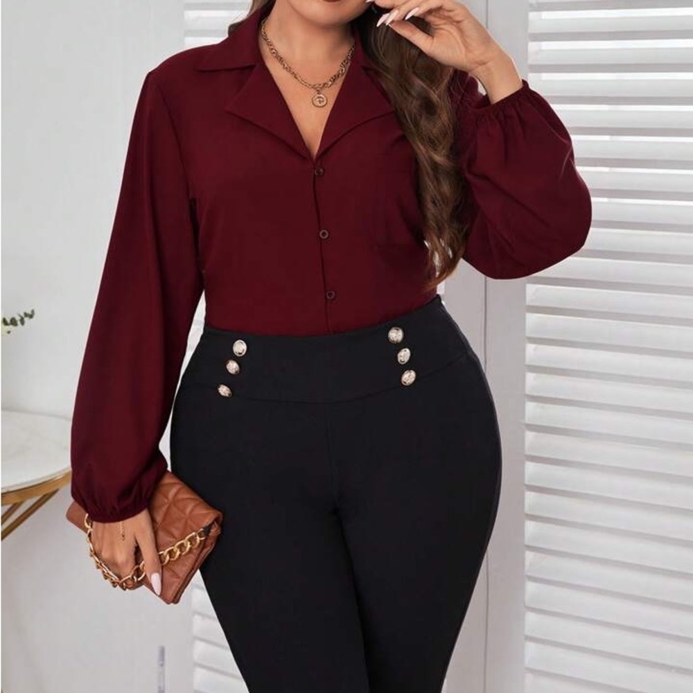 Privé Plus Lapel Neck Lantern Sleeve Pocket Patched Blouse 2XL 16